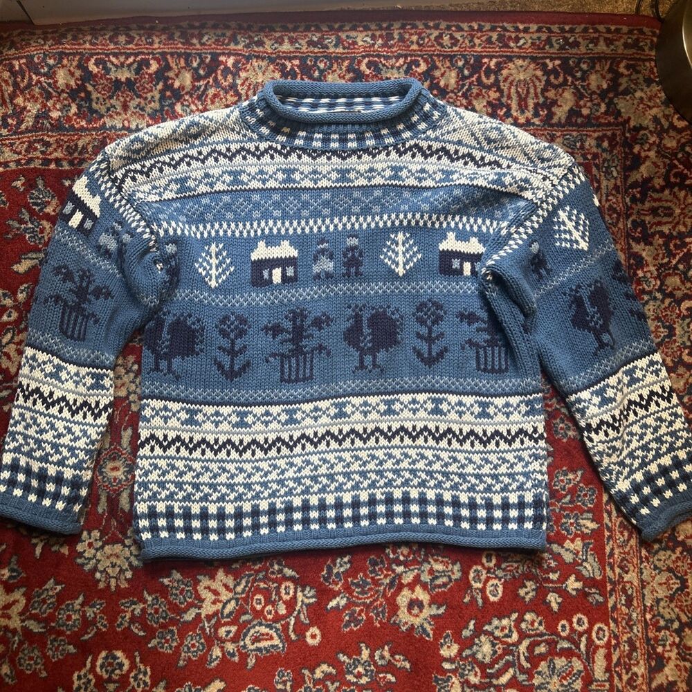VTG Eddie Bauer Sweater Medium Blue Fair Isle Roll Neck Knit 100% Cotton 90s